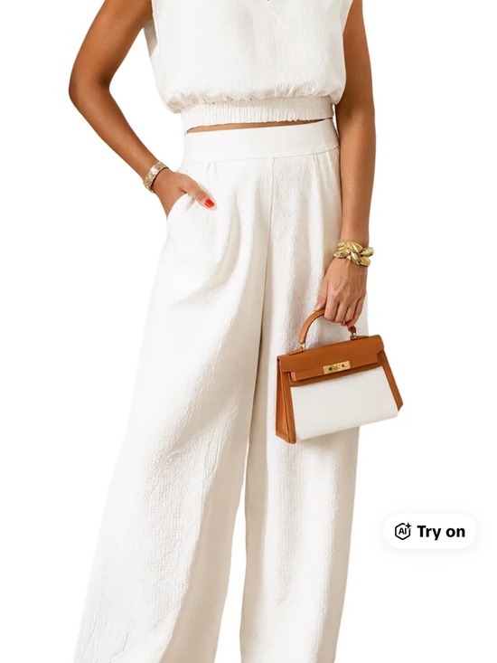 fisoew Pants - Wide-Leg High-Waist Pants Set in White